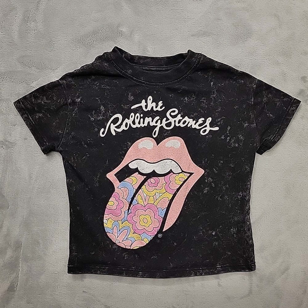 Rolling Stones Shirt Girls 4T Black Acid Wash Floral Tongue Graphic Tee Band
